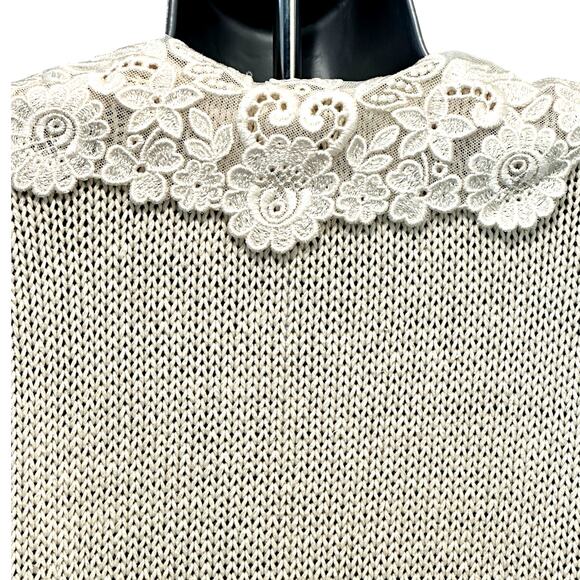 Chaus Vintage Ivory Cream Cardigan Sweater with Embroidered Floral Collar-Small - Picture 6 of 10